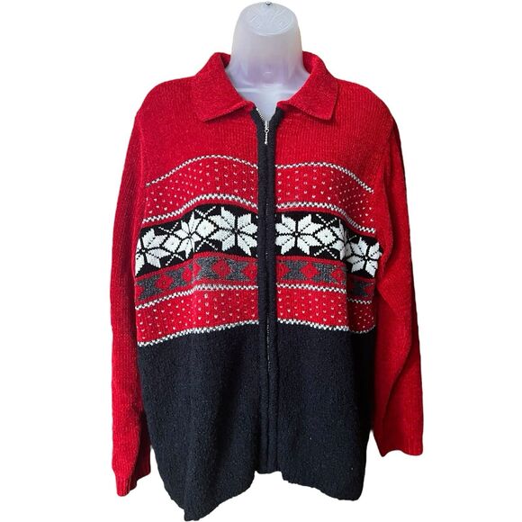 Vtg Parisian Works Red Nordic Fair Isle Zip Front Cardigan Sweater w/Collar Sz M - Picture 6 of 11